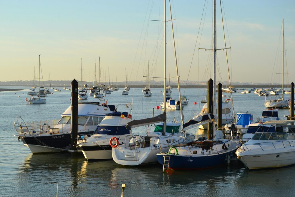 A tranquil summer scene of moored boats in a harbor, with clear skies and calm waters.